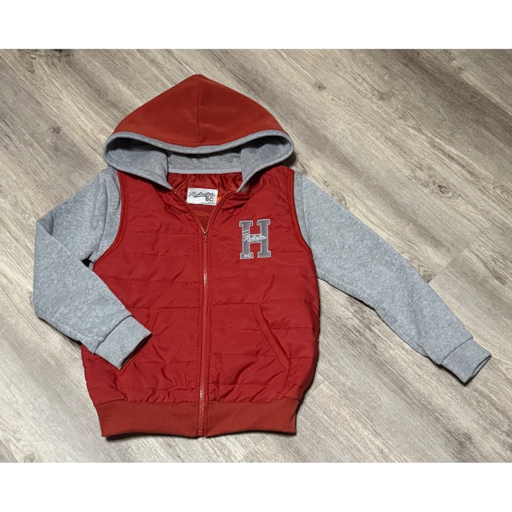 Huntington BC Puffer Vest Hoodie Jacket Full Zip Red Gray Kids Size 10
